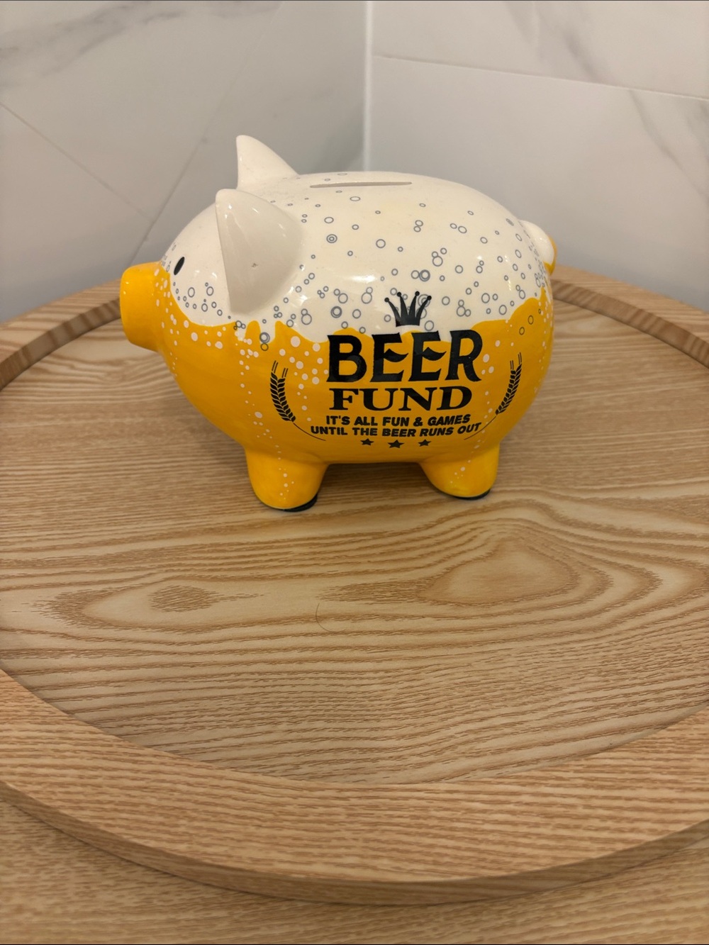 Beer Fund Yellow & White Piggy Bank - Home Dining Savings Jar